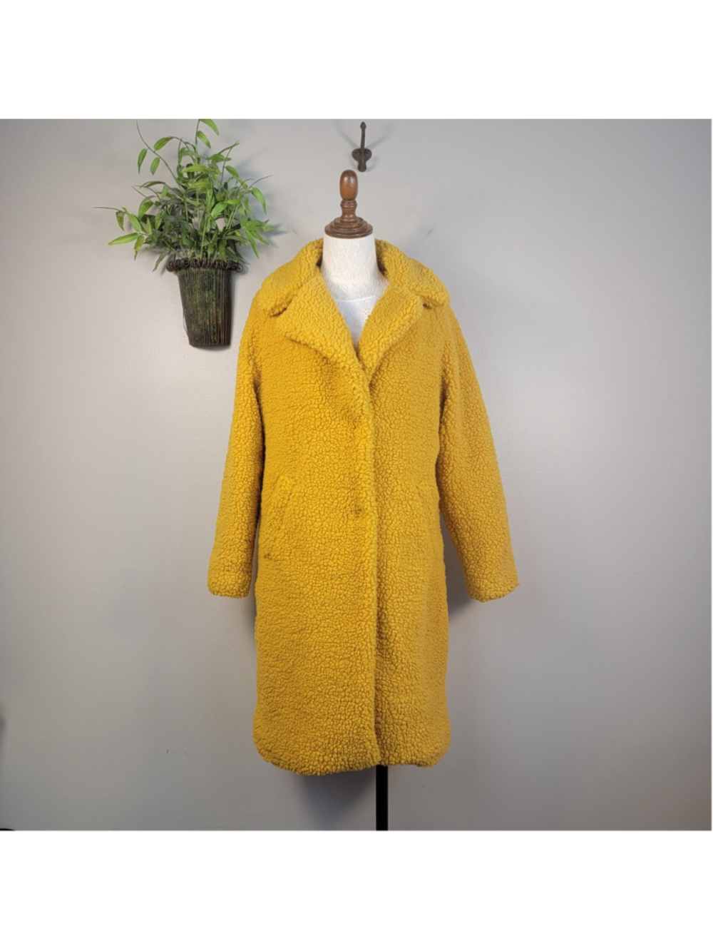 Lucky Brand M Teddy Jacket Fluffy Long Notched Collar Yellow Fuzzy Cozy Coat - Picture 13 of 13